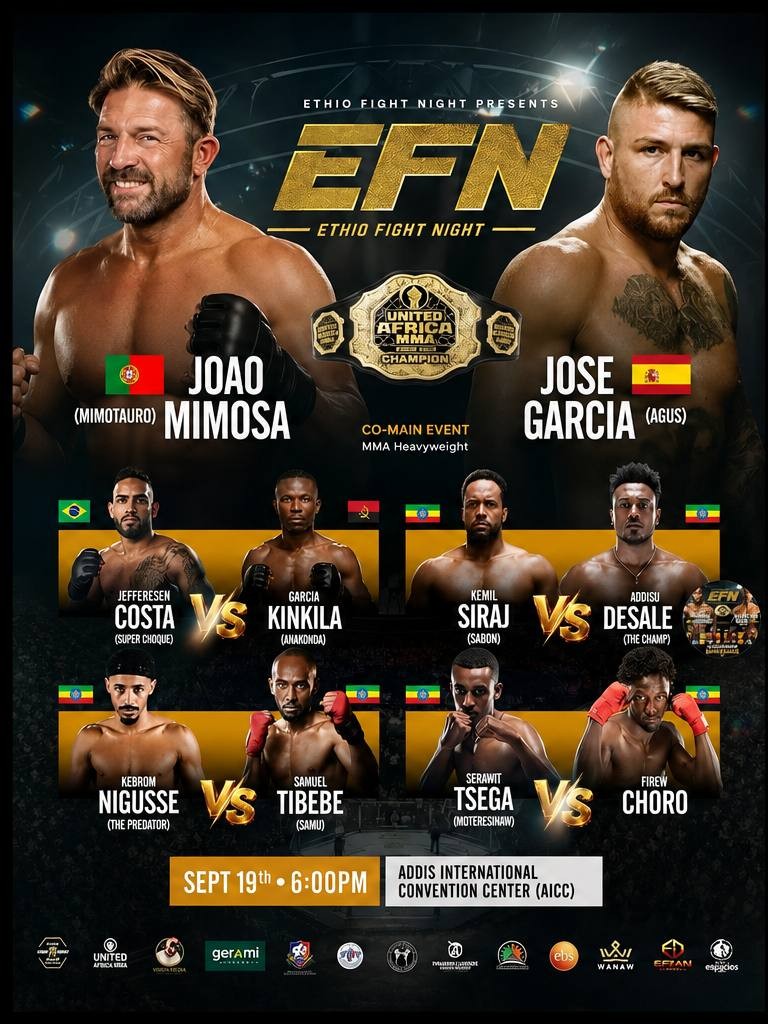 Ethio Fight Night official card led by Joao Mimosa against Jose Garcia